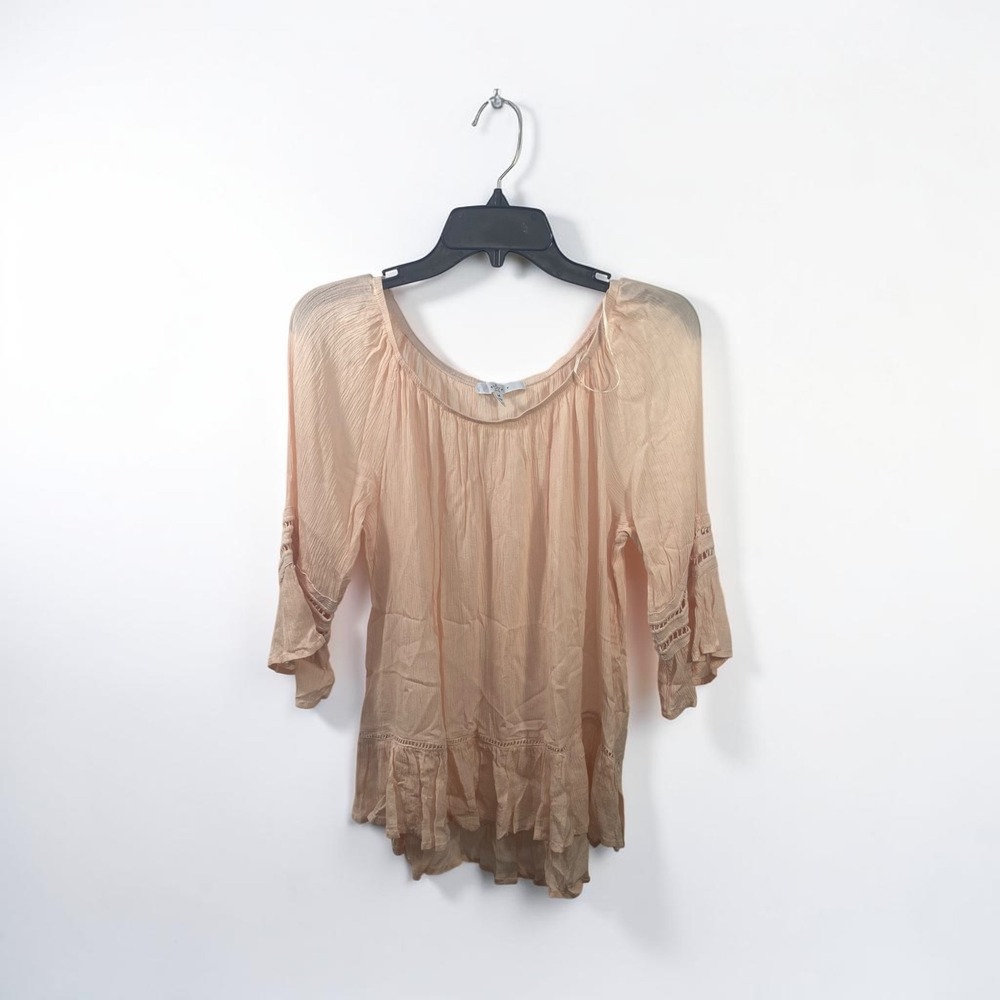 Fever Peach Boho Crinkle Gauze Blouse Lace Bell Sleeve Ruffle Hem Medium
